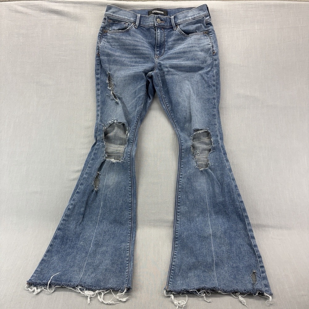 Express Bell Flare Jeans Women's 8R Mid Rise Distressed Raw Hem Stretch Blue